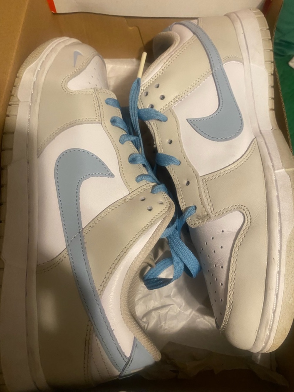 Nike  Dunk Low-Top Sneakers in Light Blue and White with Cream Panels